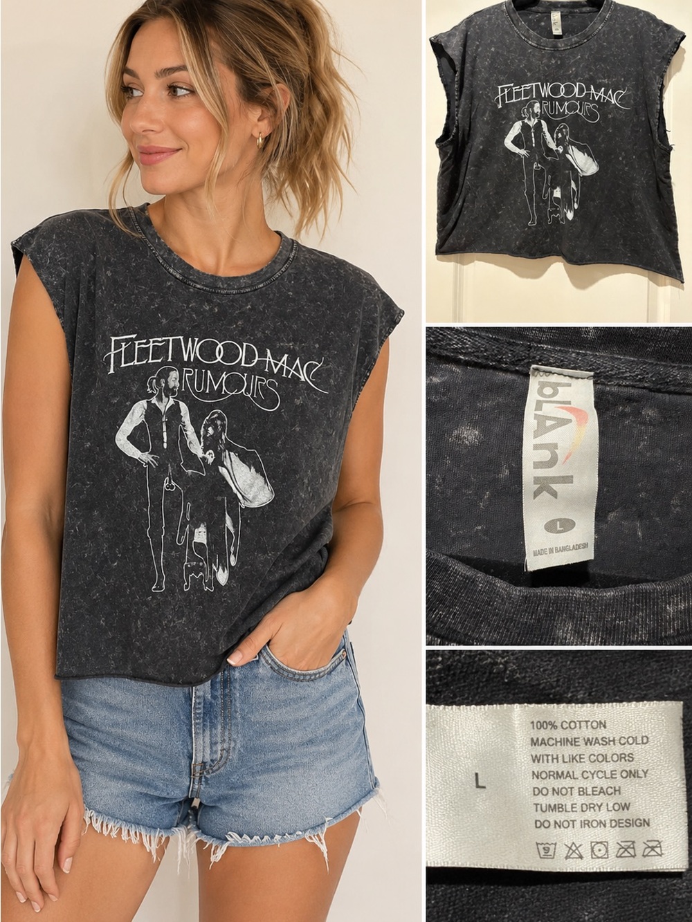Fleetwood Mac Rumours Graphic Muscle Tee Acid Wash Black Boxy Size Large